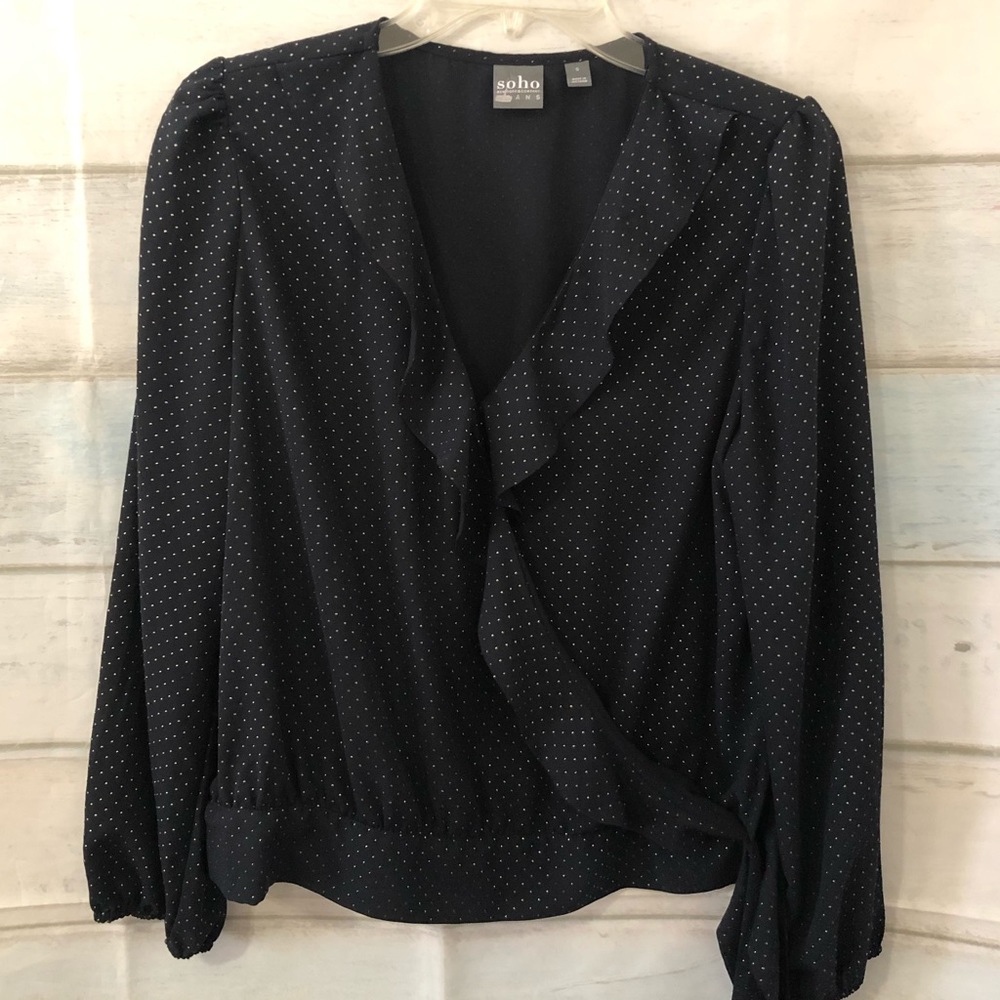 ❌Soho New York & Co Women Long Sleeve Top Ruffle Sparkle Side Wrap Blue Small